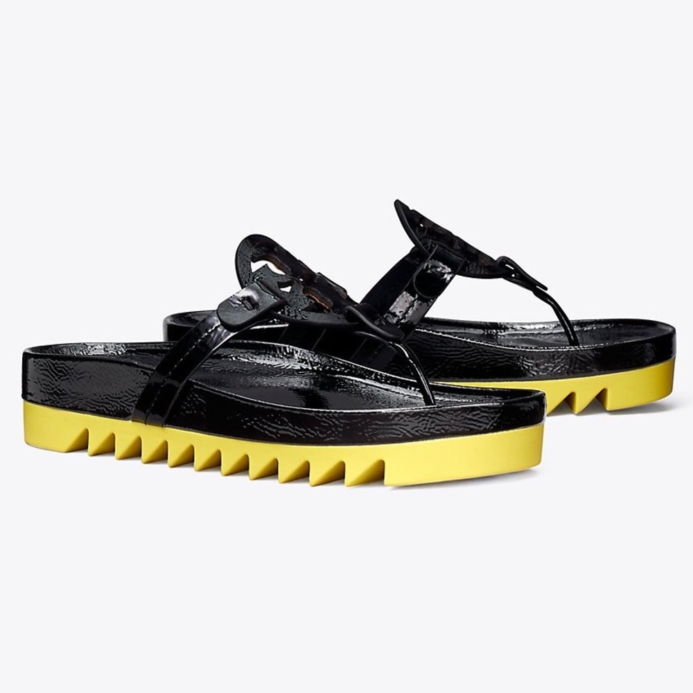 New Tory Burch Miller Cloud Lug Sandal, Black Patent Leather Yellow Sandals, 7.5